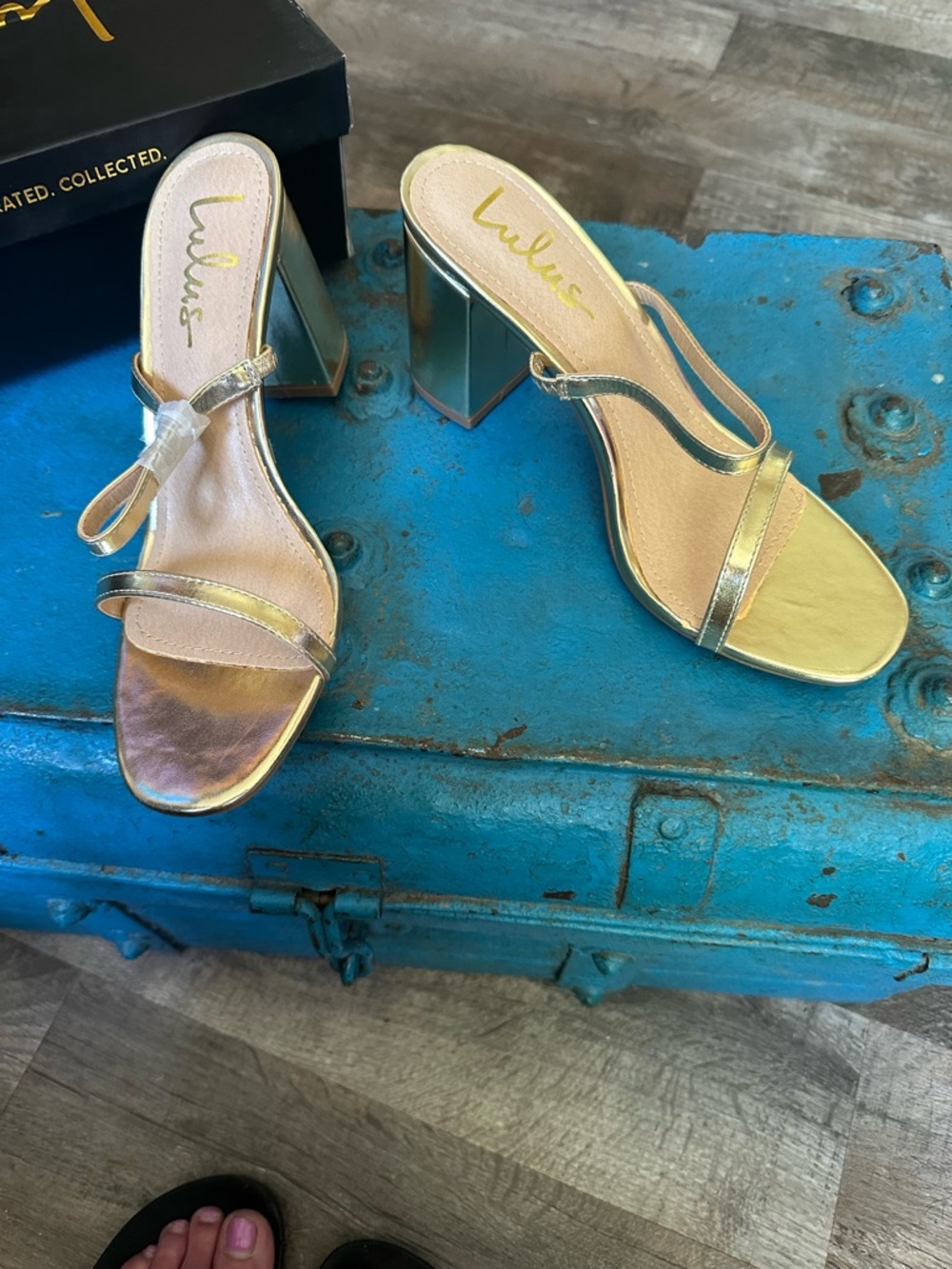 Lulu's Gold Metallic Strappy Block Heel Mules
